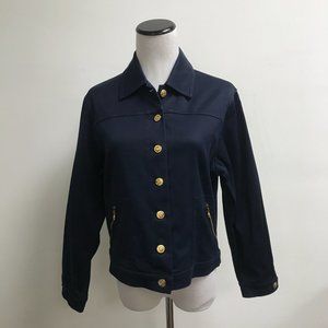 St John Sport Marie Gray cotton stretch navy blue gold button jean jacket  P XS